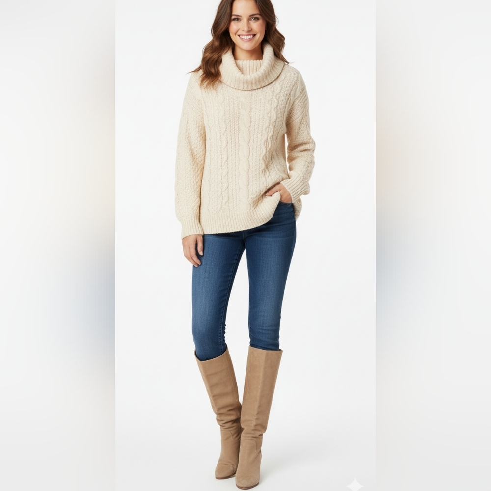 G.H. Bass & Co Fisherman Sweater Cable Knit Cowl NeckPullover High-Low USA S